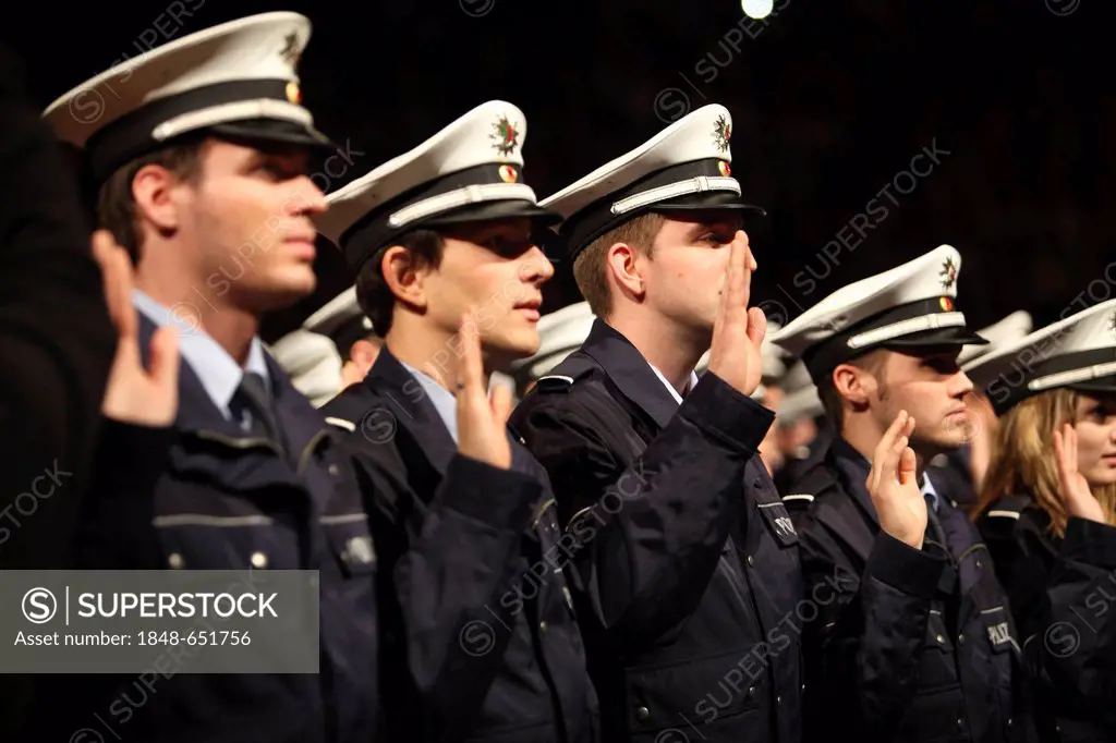 Swearing-in ceremony of 1100 policemen and policewomen to the NRW Police Force, Class of 2010, in the Grugahalle in Essen, North Rhine-Westphalia, Ger...