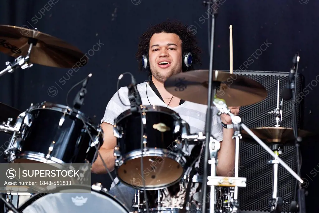 Leroy Biscette, drummer of the Swiss band Without Problems, performing live during Soundcheck Open Air in Sempach-Neuenkirch, Lucerne, Switzerland, Eu...