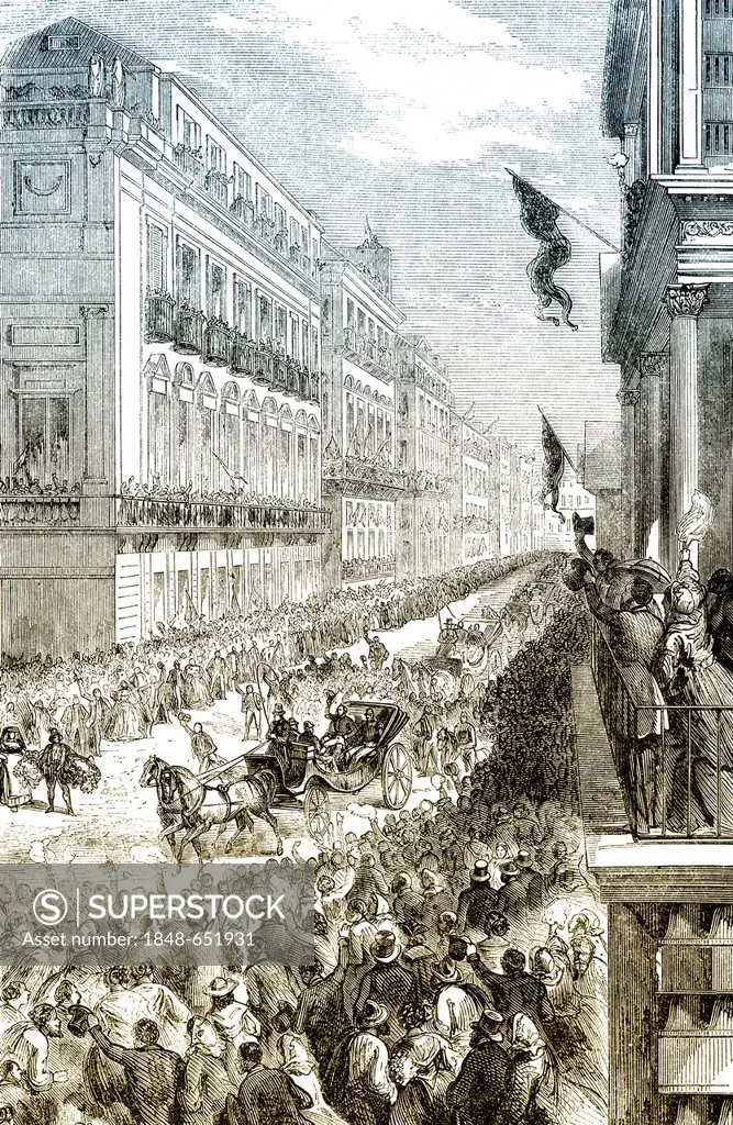 Historic drawing, 19th century, scene from the history of Italy, the triumphal entry of Giuseppe Garibaldi in Naples on 7th September 1860, Italy