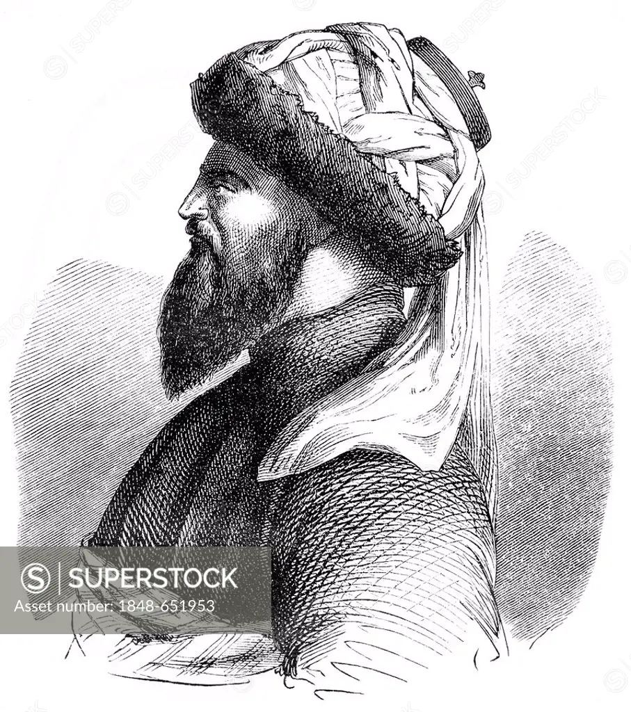 Historical drawing from the 19th century, portrait of Imam Shamil, 1797 - 1871, a political and religious leaders of the Muslim mountain peoples in th...