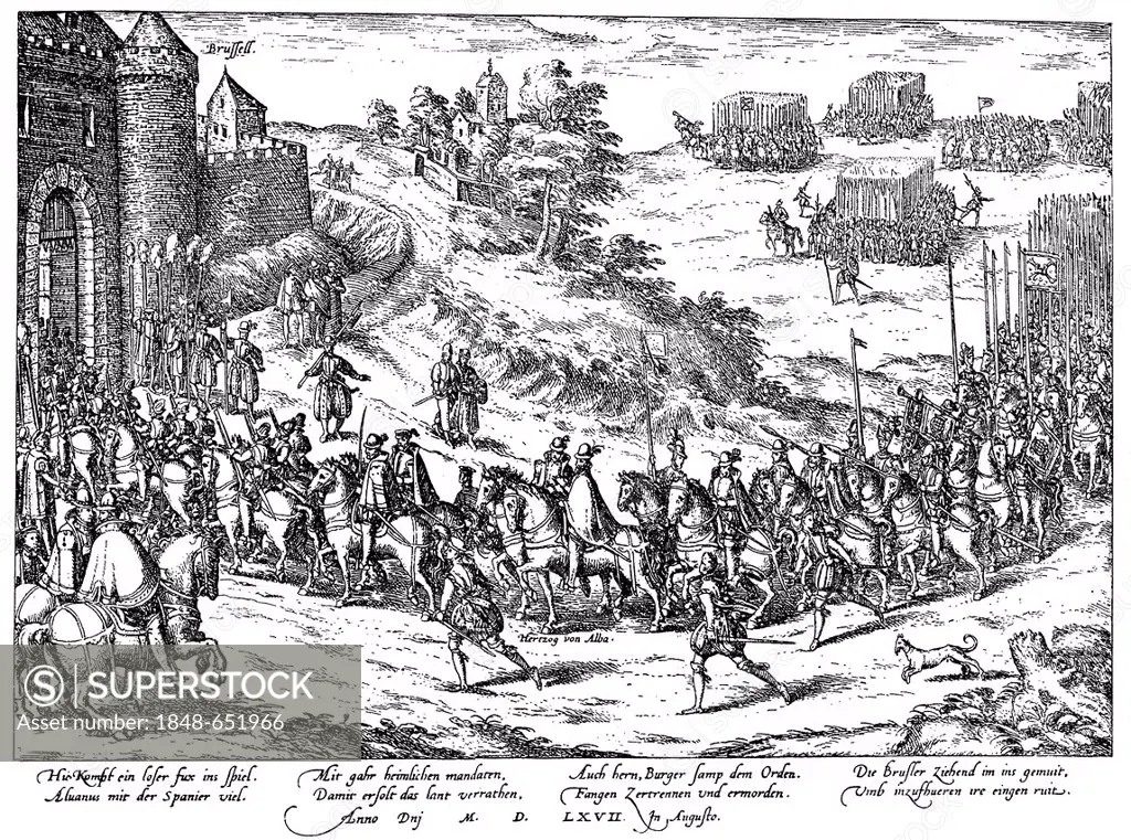 Historic drawing, facsimile, the arrival of the Spaniards under the Duke of Alba, 1507 - 1582, in Brussels on 28th August 1567, Spanish Netherlands, B...