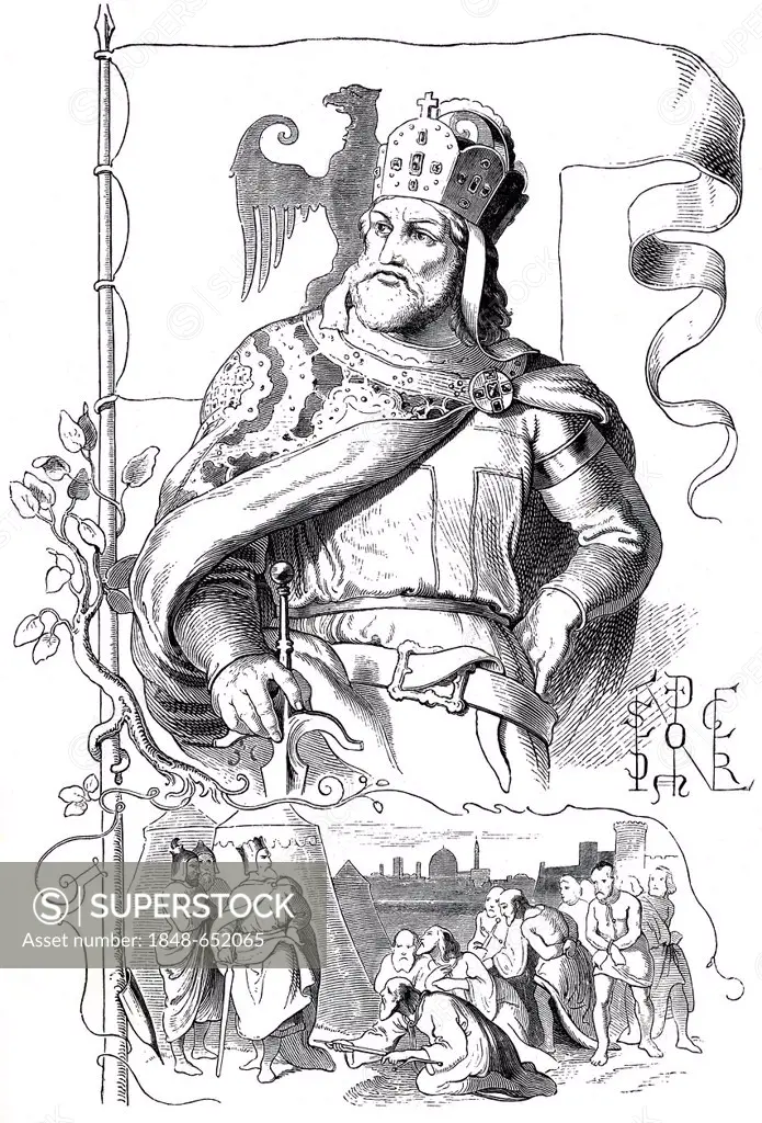 Frederick I, Barbarossa, 1122 - 1190, historical illustration from Bildnisse der Deutschen Koenige und Kaiser, Portraits of German Kings and Emperors,...