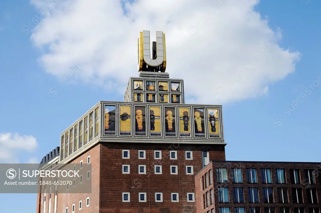 Dortmund U, U-Tower, kicker video installation, former Union Brewery, cultural centre, arts centre, landmark, Dortmund, North Rhine-Westphalia, German...