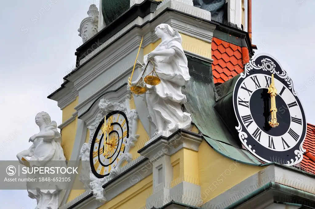 Clocks on the tower of the Town Hall, sculpture of Prudence, left and Justice, right, built in 1752 as a new rococo building, market square, Kulmbach,...