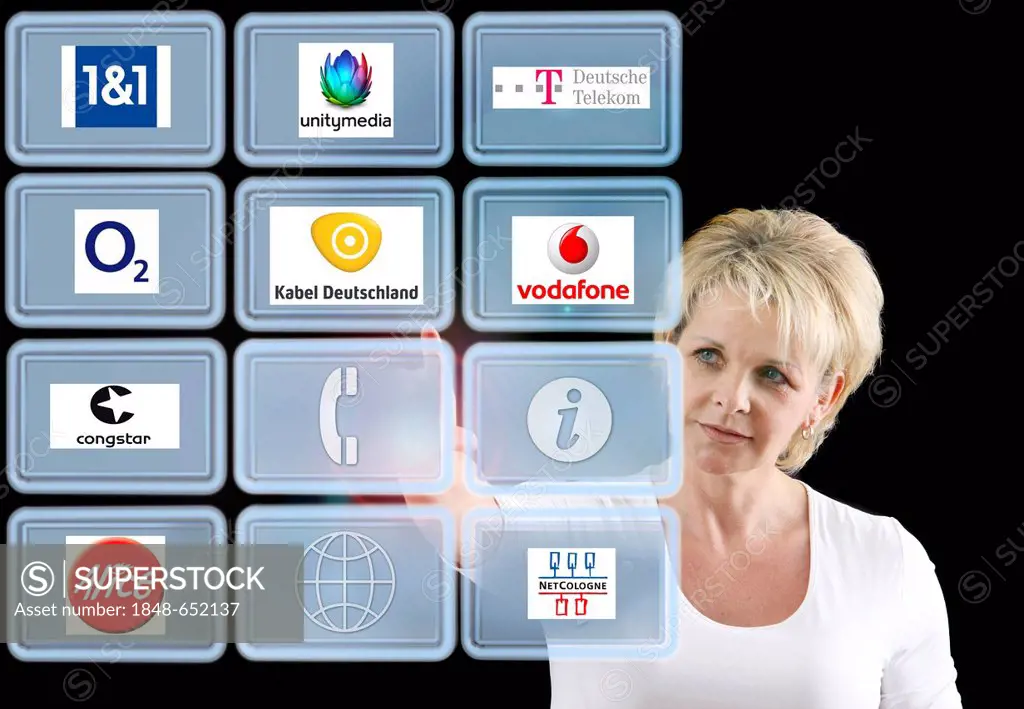 Woman working with a virtual screen, touch screens, telephone services providers