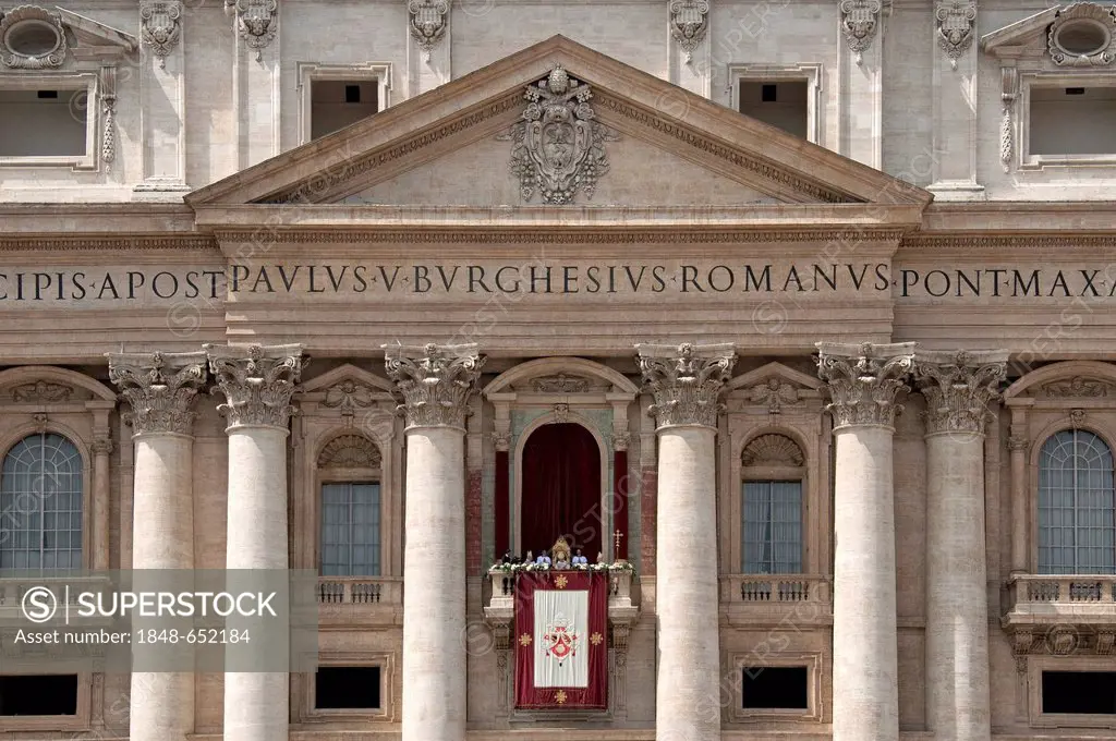 St. Peter's Basilica with Pope Benedict XVI, the Pope giving the blessing Urbi et Orbi, balcony of the Loggia delle Benedizioni, St. Peter's Square, P...