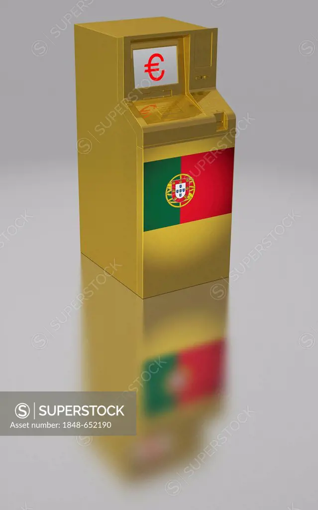 ATM with a Portugese flag, symbolic image for the euro rescue package, illustration