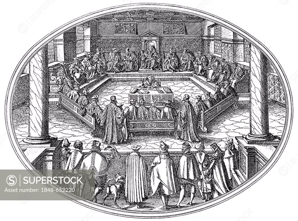 Historic drawing, Spanish court hearing in the Spanish Netherlands, 16th century