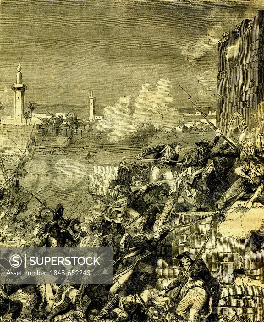 Conquest by Napoleon on July 1st 1798, Alexandria, Egypt, historical engraving from 1865