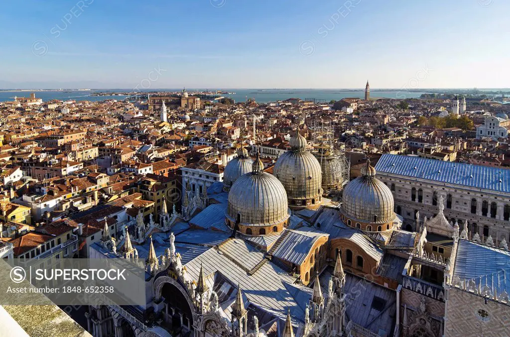 View from the campanile to the domes of the Byzantine St. Mark's Basilica, Venice, Veneto, Italy, Europe