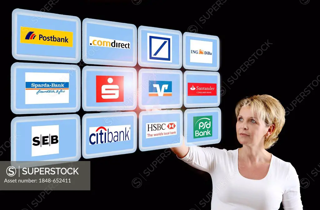Woman working with a virtual screen, touch screens, banks, financial institutions