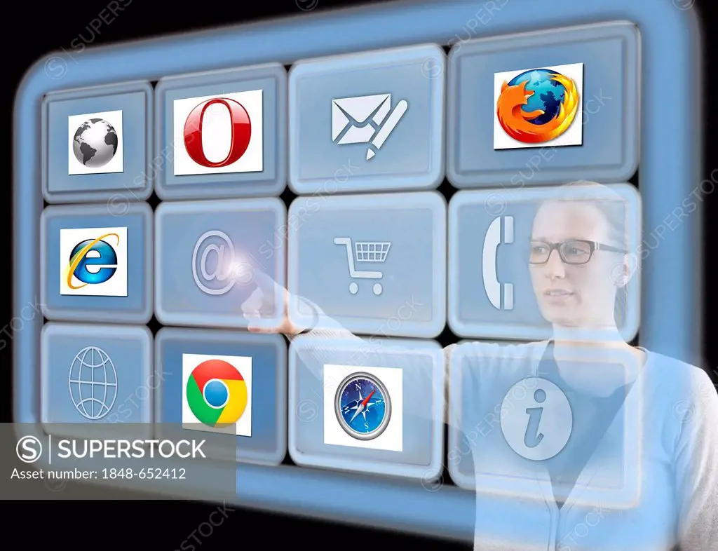 Woman working with a virtual screen, touch screens, various web browsers, user interfaces for the internet