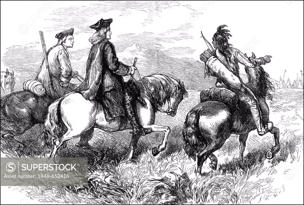 Historical scene, US-American history, 18th century, Sir Alexander Cumming, a delegate of the British government on the way to the Cherokee Indians, A...
