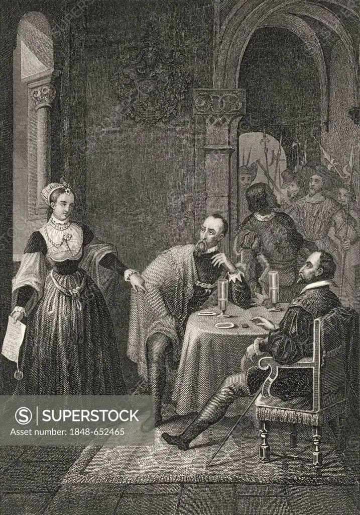 Historic steel engraving, illustration on the Duke of Alba at the breakfast table in the castle of Rudolstadt, scene from Don Carlos, Infante of Spain...