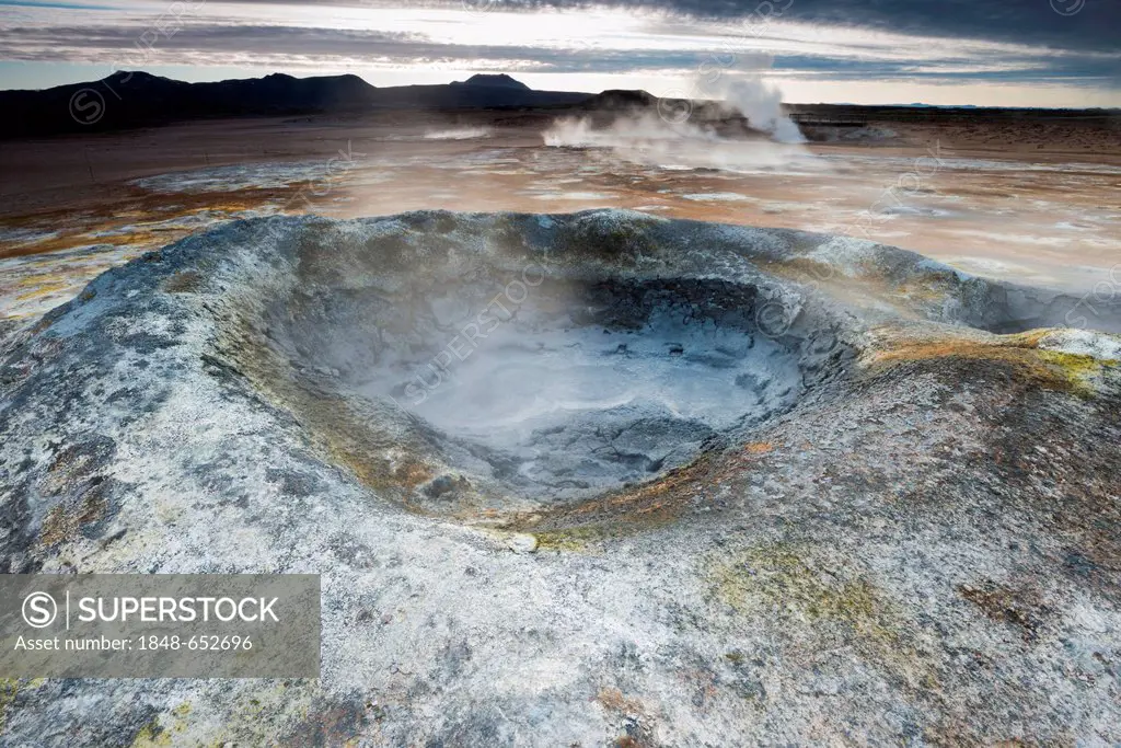 Solfataras, fumaroles, mud pools, sulfur and other minerals, steam, Hveraroend geothermal area, Námafjall mountains, Mývatn area, Norðurland eystra, t...