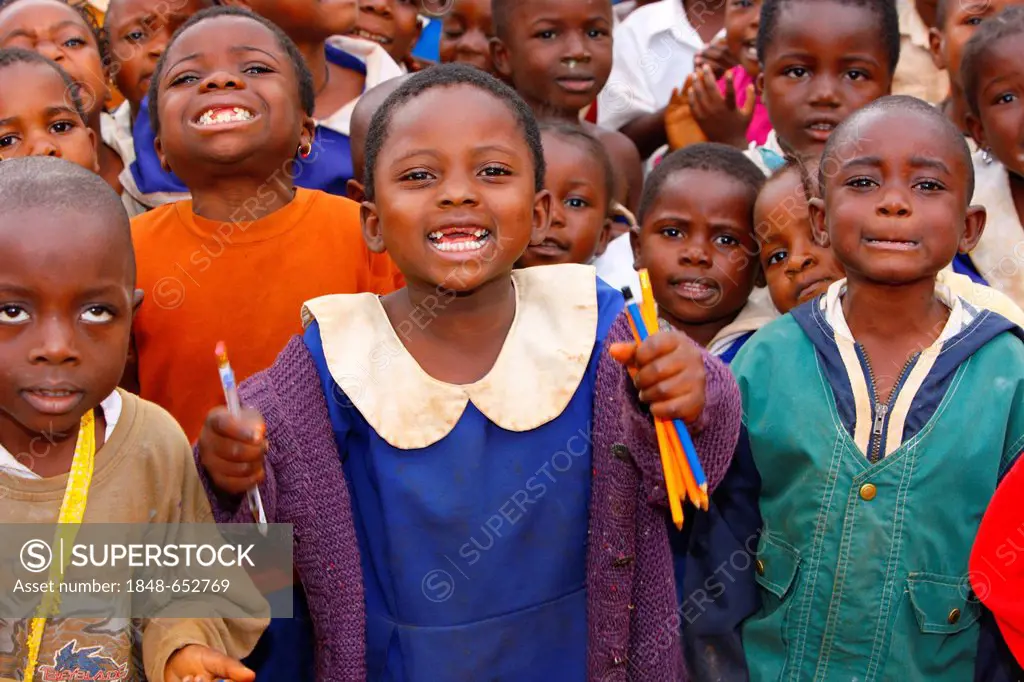 School children, 7, wearing school uniforms, primary school, Bamenda, Cameroon, Africa