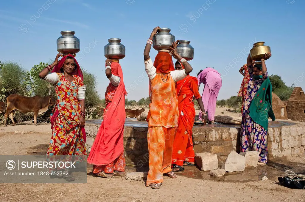 Indian women wearing saris carrying water jugs on their heads, they just filled the jugs at the well, Thar Desert, Rajasthan, India, Asia