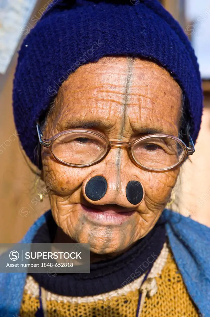 Old woman from the Apatani tribe, known for the pieces of wood in their nose to make them ugly, Ziro, Arunachal Pradesh, northeast India, India, Asia