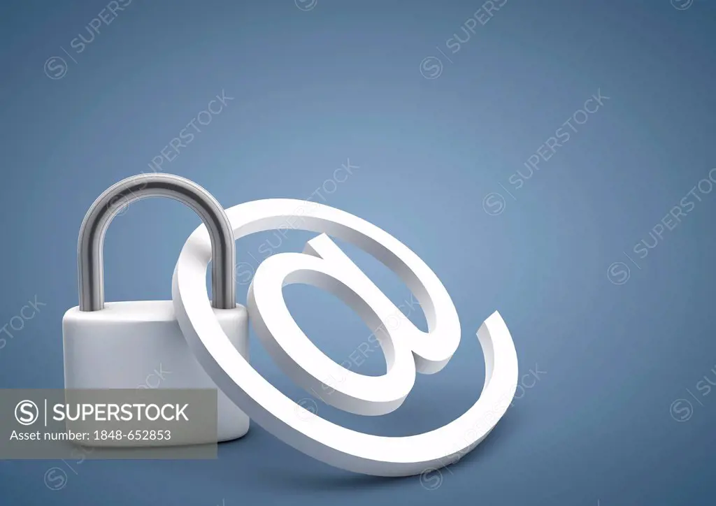 Padlock, at sign, symbolic image security in e-mail and the internet, spam, hackers, 3D illustration