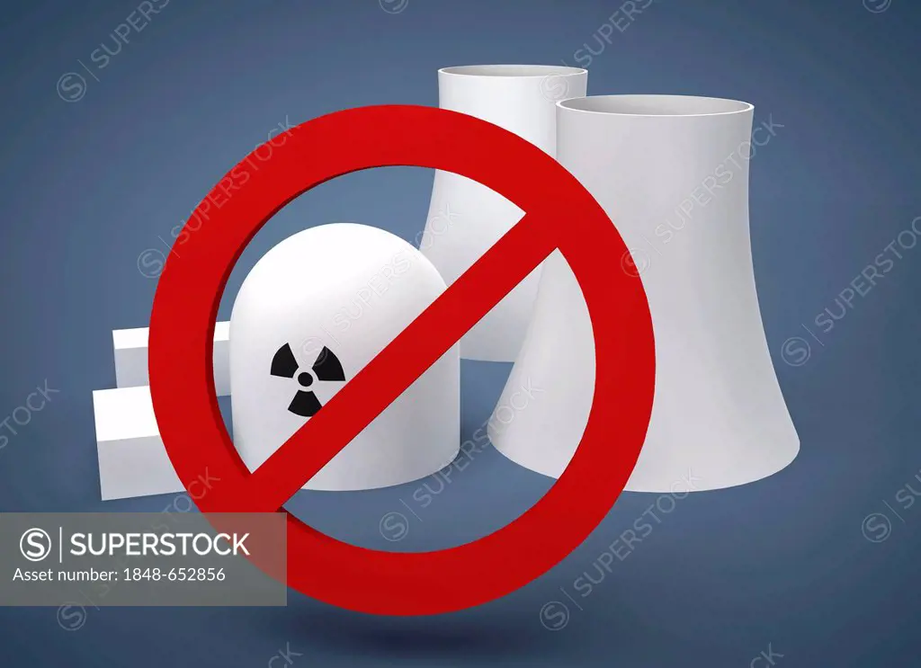 Symbolic image, rejection oft nuclear power, nuclear power phase-out, nuclear power plant, 3D illustration