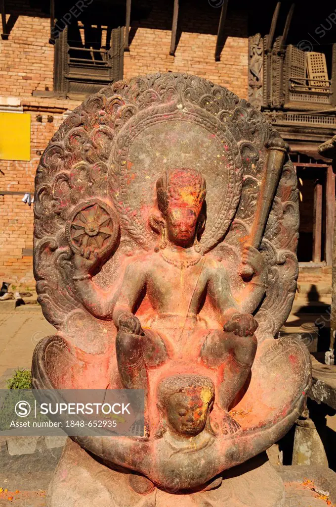 Statue of a temple guardian made of stone, Changu Narayan, a UNESCO World Heritage Site, Kathmandu Valley, Nepal, Asia