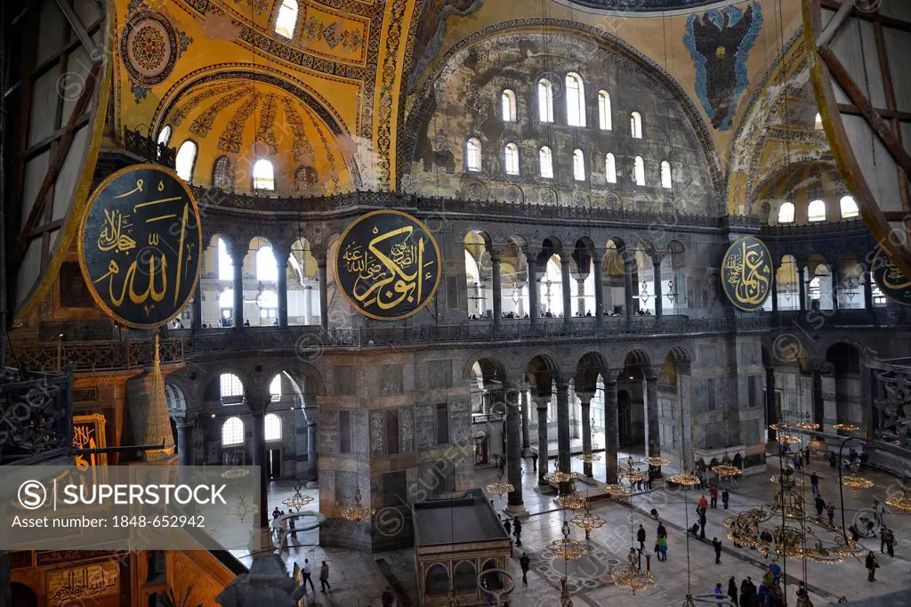View from the Galley to the main room, Hagia Sophia, Ayasofya, interior view, UNESCO World Heritage Site, Istanbul, Turkey, Europe