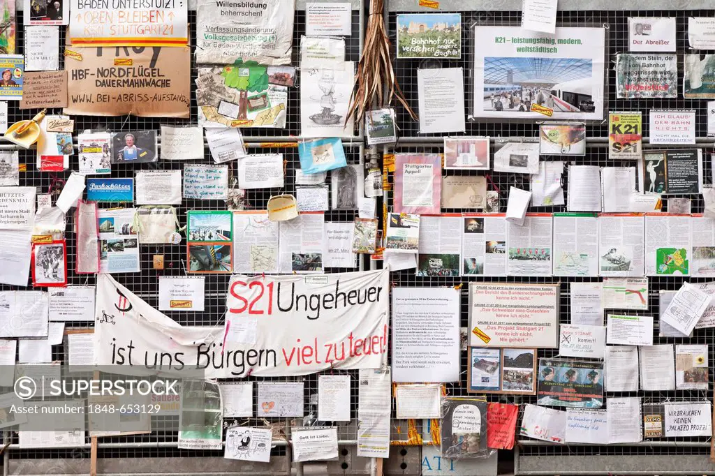 Protest posters against Stuttgart 21 railway project on a site fence, now in the Haus der Geschichte Baden-Wuerttemberg, museum, Schlossgarten, castle...