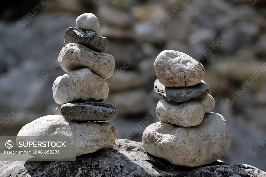 Cairns in the streambed of the Ramsauer Ache river, Ramsau, Upper Bavaria, Bavaria, Germany, Europe