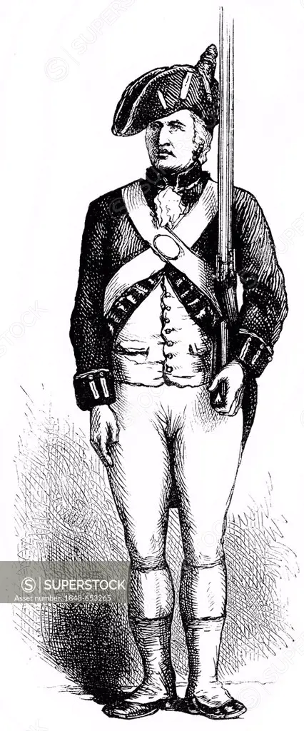Historical drawing, US-American history, 18th century, armed American soldier in the American Revolutionary War, 1775 - 1783