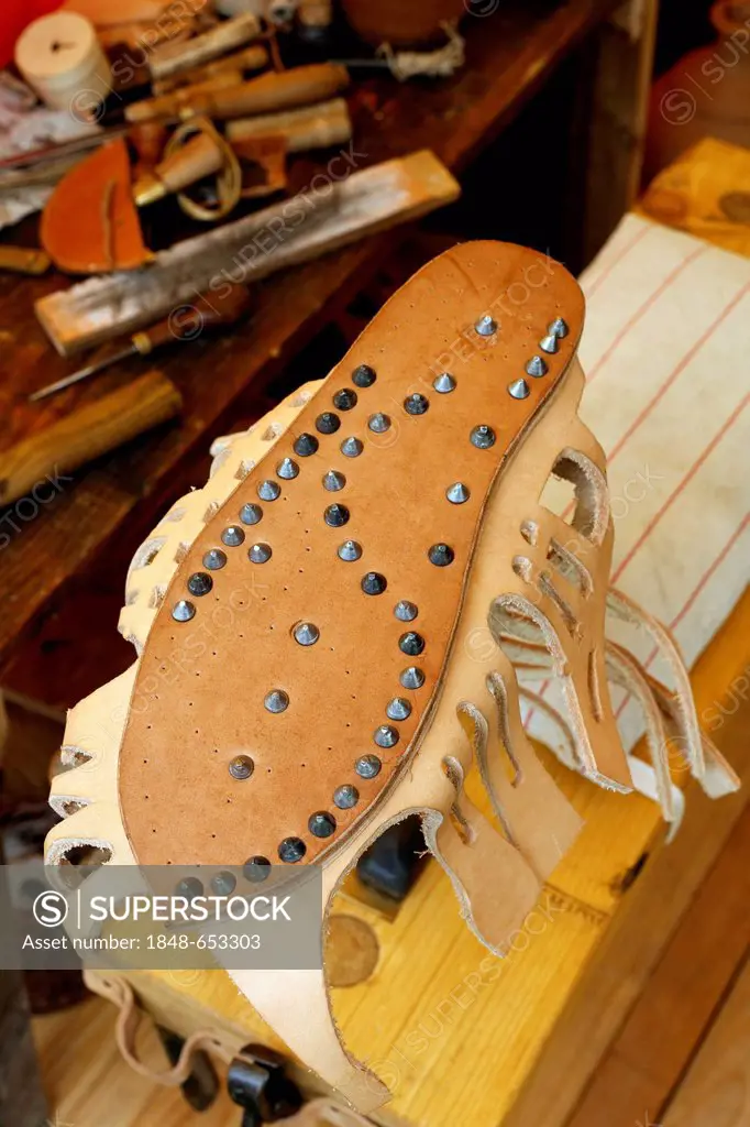 Sandal of a legionary, studded with nails, shoe workshop, Roman Festival, Archaeological Park Xanten, Lower Rhine region, North Rhine-Westphalia, Germ...