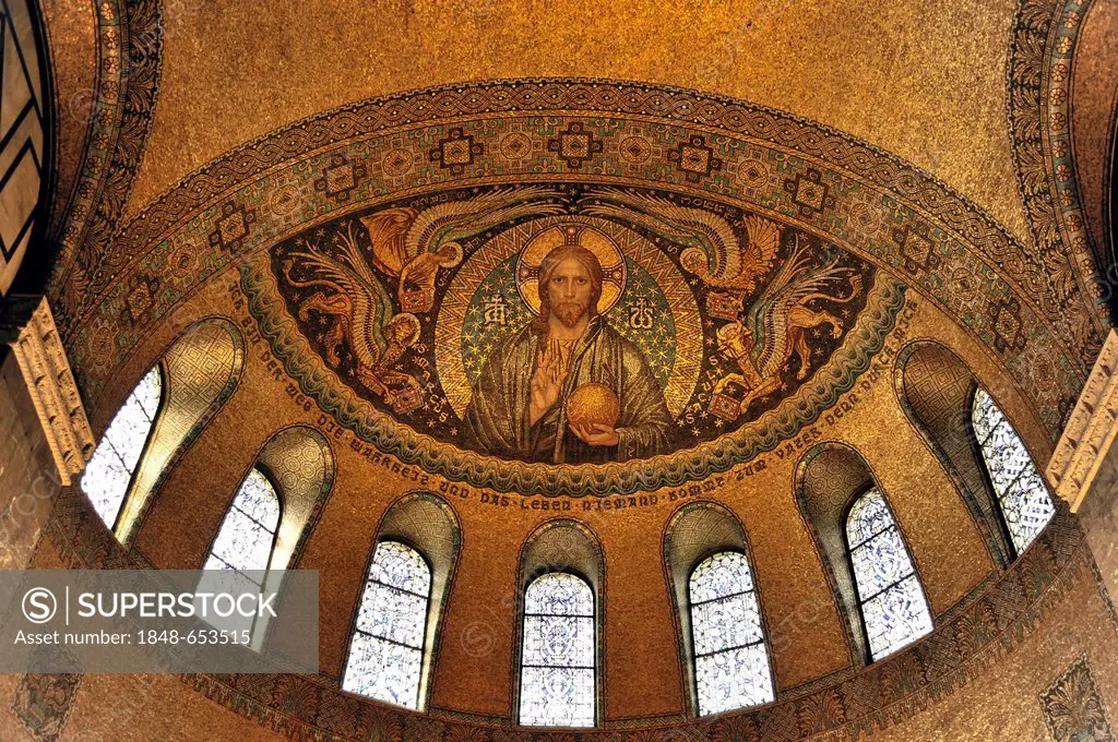 Erloeserkirche church, interior view, Christ Pantocrator above the apse, start of construction in 1903, Bad Homburg v. d. Hoehe, Hesse, Germany, Europ...