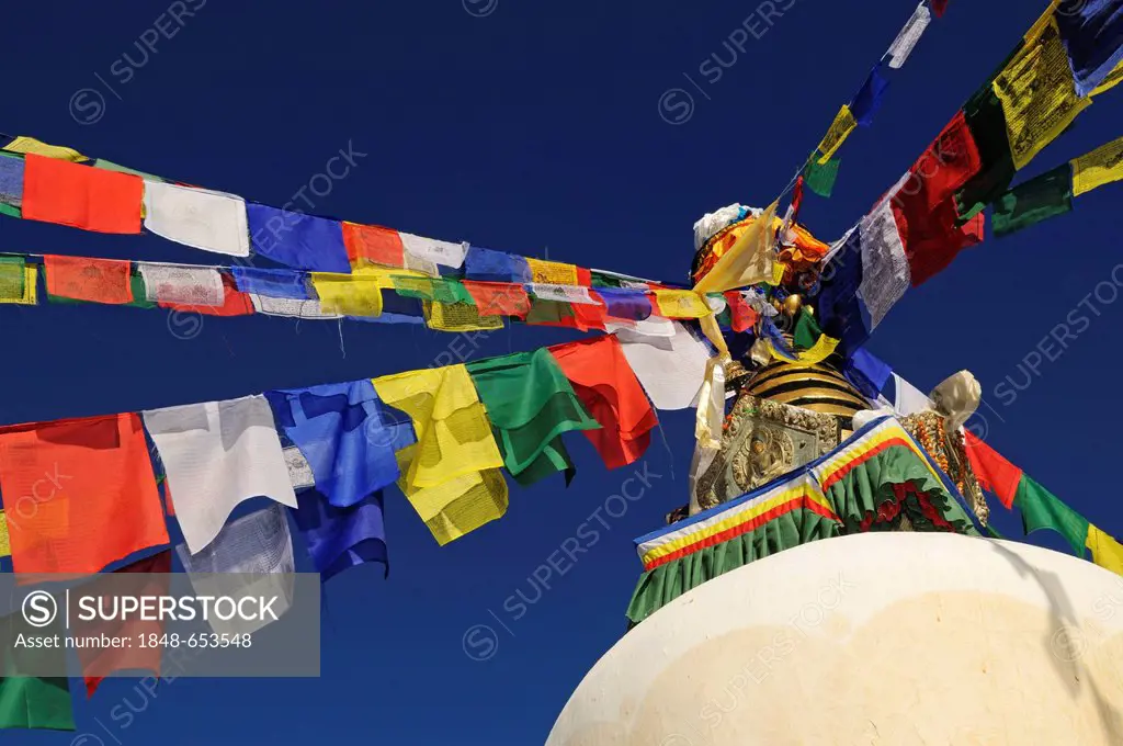 Prayer flags on Namobuddha Temple, Kathmandu Valley, UNESCO World Heritage Site, Nepal, Asia