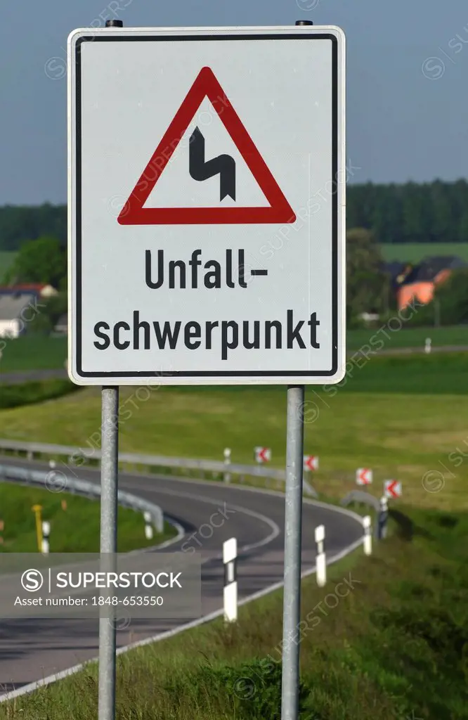 Traffic sign lettering Unfallschwerpunkt, German for accident black spot on the S 201 road near Rossau, Saxony, Germany, Europe
