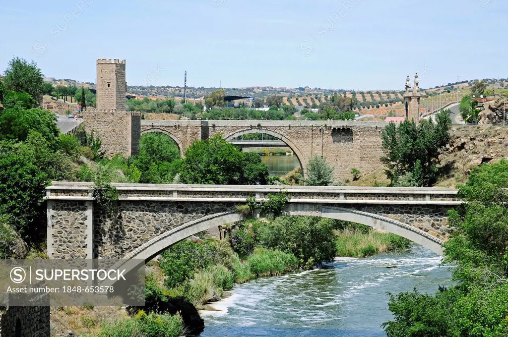 New and old bridge over the Tagus river, Rio Tajo, Puente Alcantara at back, Toledo, Castile-La Mancha, Spain, Europe, PublicGround
