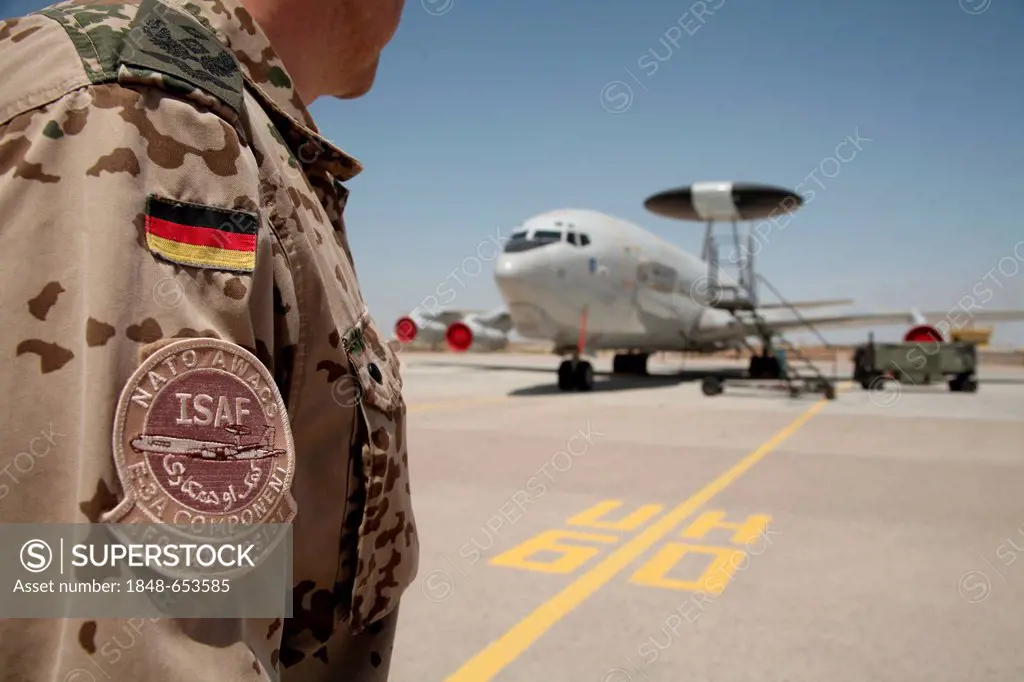 Airborne warning and control system, AWACS, aircraft of the multi-national NATO E-3A Component at the Mazar-e Sharif airfield, Balch, Afghanistan, Asi...