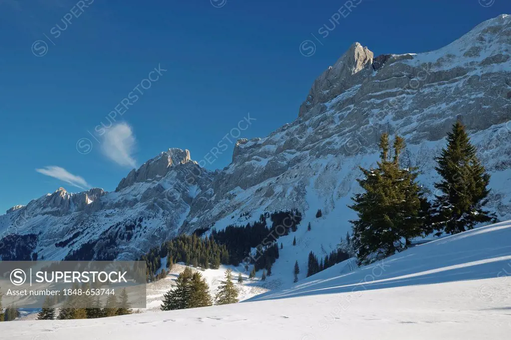 Alpstein in winter with a view towards Oehrli and Schaefler Mountains, Canton of Appenzell, Switzerland, Europe
