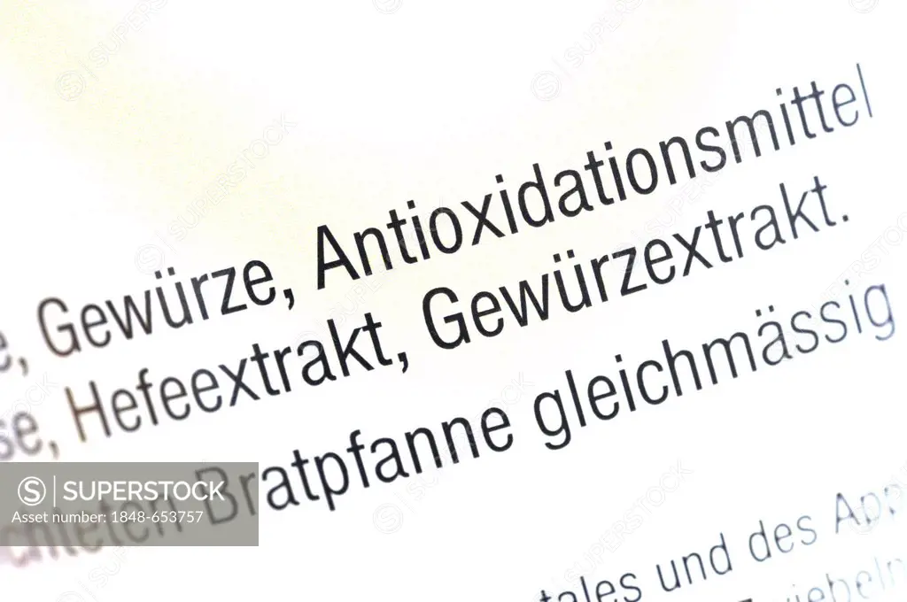 List of ingredients with yeast extract, spice extract, antioxidants and spices in food, in German