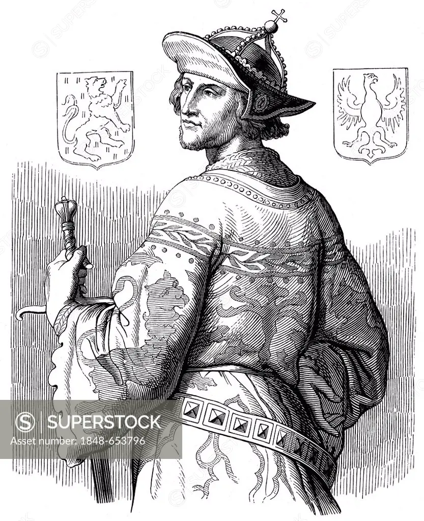 Adolf von Nassau 1250 - 1298, historical illustration from Bildnisse der Deutschen Koenige und Kaiser, Portraits of German Kings and Emperors, by Prof...