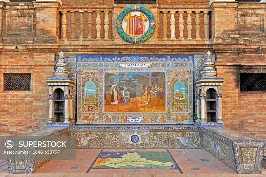 Zaragoza, colourful tiles with images from the Spanish regions, Plaza de España, Sevilla, Andalusia, Spain, Europe