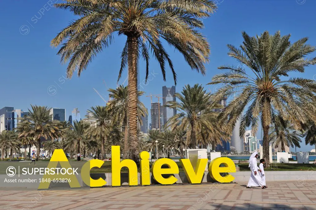 Letters, sculpture Achieve, Al Corniche waterfront promenade, Doha, Qatar, Middle East
