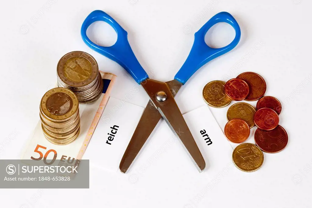 Open scissors with the signs reich and arm, German for rich and poor, with euro coins and banknotes, symbolic image for social inequality