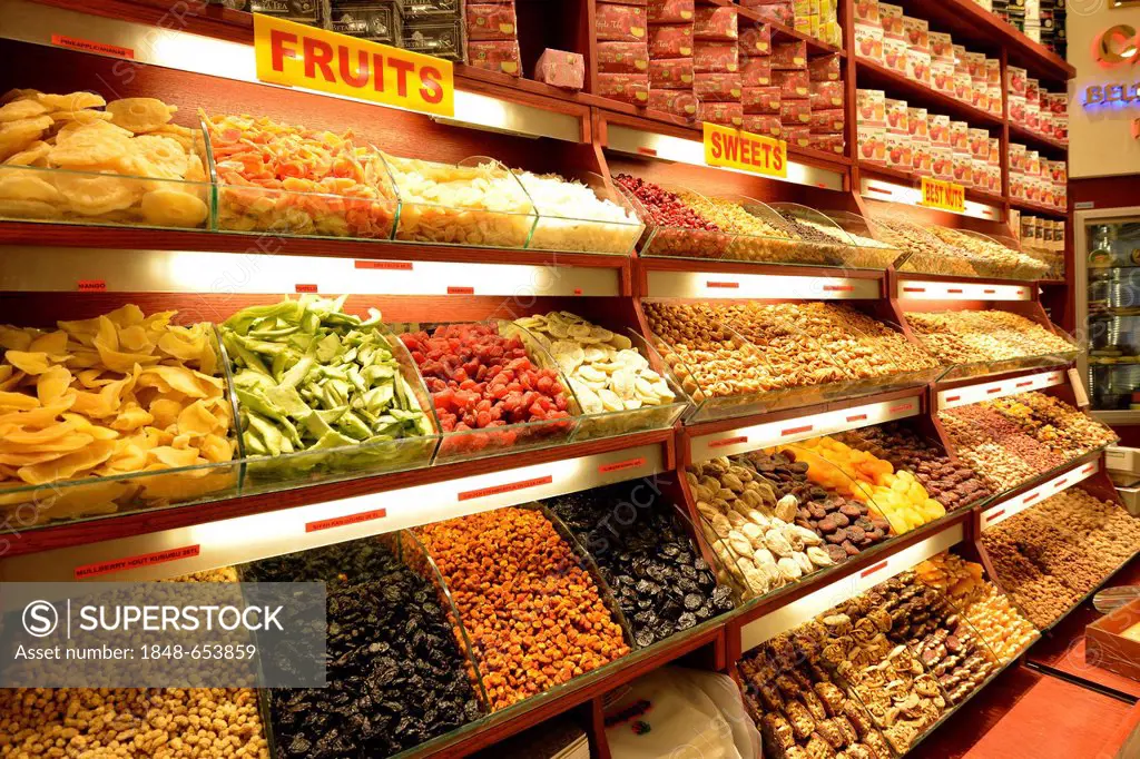 Dried fruits, sweets, nuts, indoor spice bazaar, Egyptian bazaar, Eminoenue, Istanbul, Turkey, Europe, PublicGround