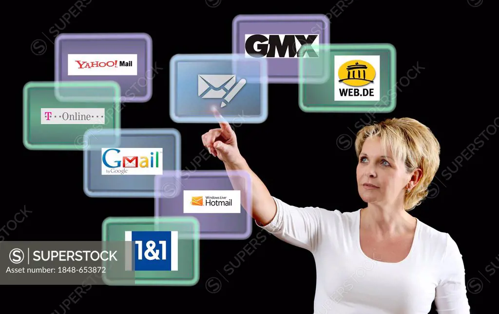 Woman working with a virtual screen, touch screens, email service providers