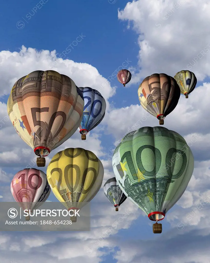 Hot air balloons made from euro banknotes, illustration