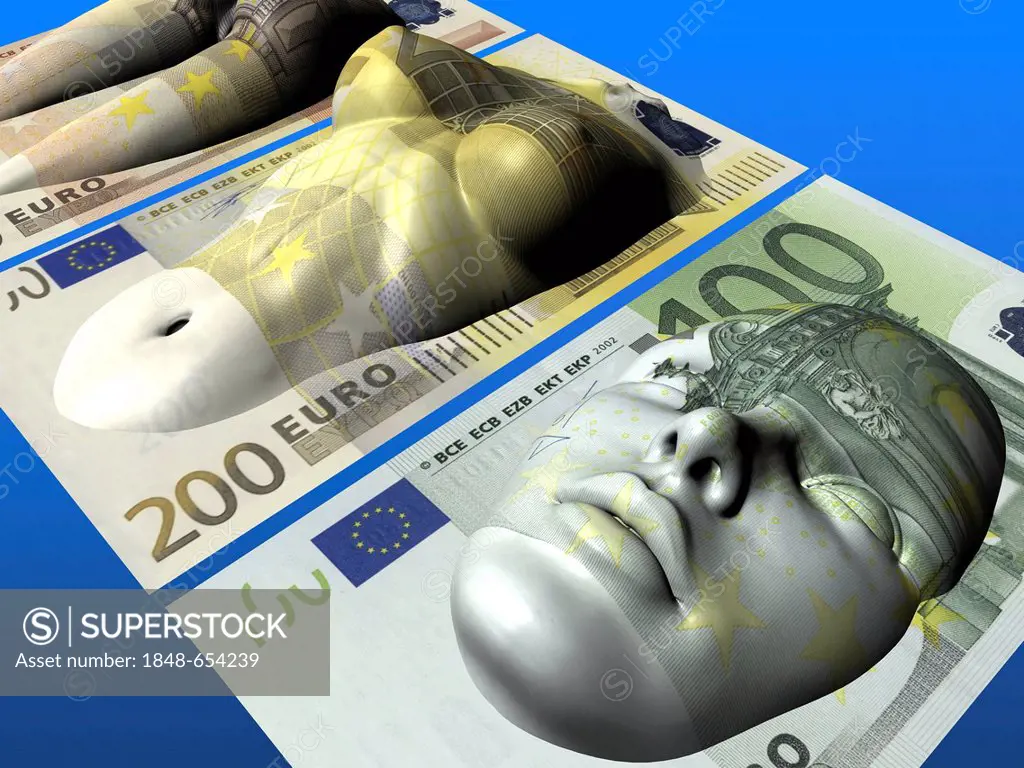 Body and face on Euro banknotes, symbolic image for plastic surgery