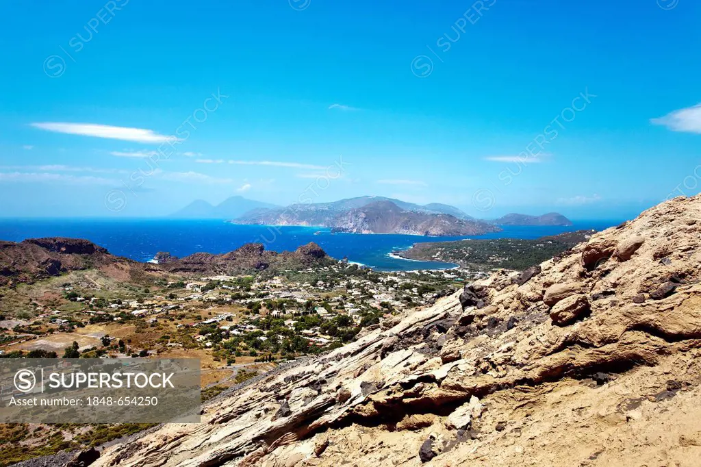 View from the volcano towards Vulcano and Lipari, Vulcano, Aeolian Islands, Sicily, Italy, Europe, Europe