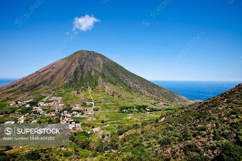 View from Monte Fossa delle Felice towards Monte dei Porri, Salina, Aeolian Islands, Sicily, Italy, Europe