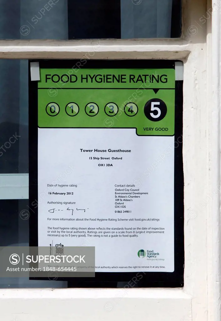 Food hygiene rating, sign showing the rating of food hygiene in a guest house, Oxford, Oxfordshire, United Kingdom, Europe