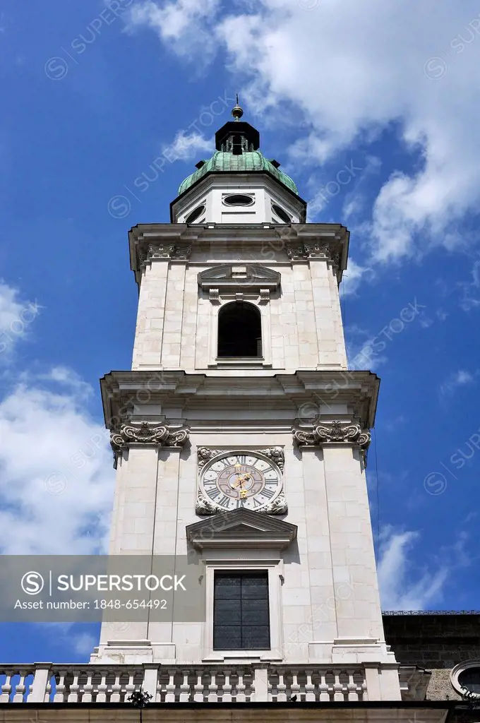 A tower with a clock, Salzburg Cathedral, Domplatz square, Salzburg, Salzburg province, Austria, Europe