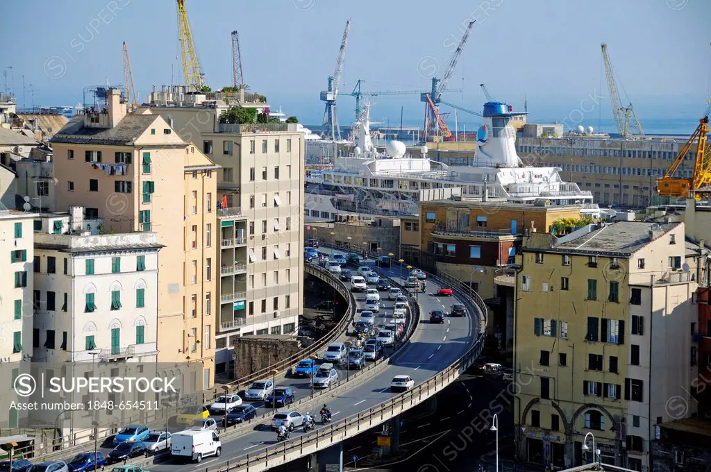 View from the Bigo panoramic lift to the motorway and the cruise ship terminal, Genoa, Liguria, Italy, Europe